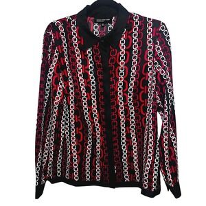 Jones NY Womens Size 10 Red Chain Full Button Satin Shirt OId Money Mob Wife